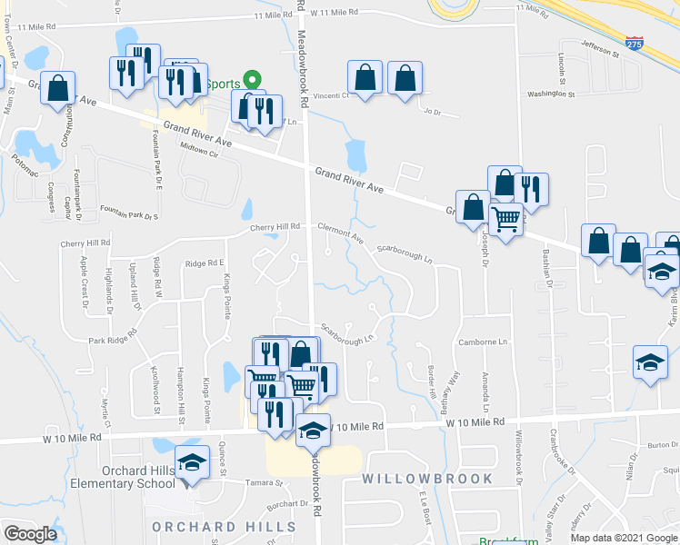 map of restaurants, bars, coffee shops, grocery stores, and more near 24926 Bloomfield Court in Novi