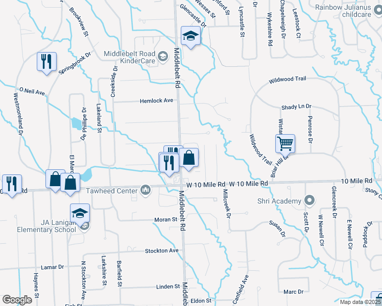 map of restaurants, bars, coffee shops, grocery stores, and more near 24400 Middle Belt Road in Farmington Hills