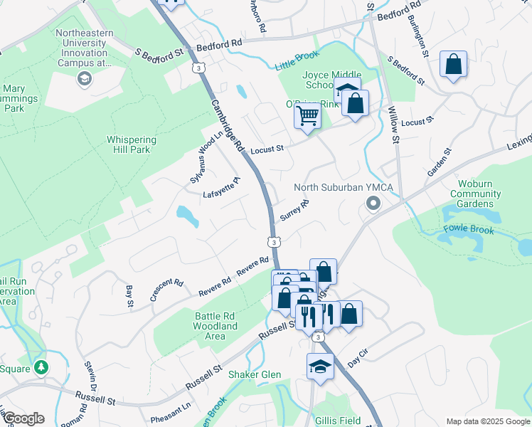 map of restaurants, bars, coffee shops, grocery stores, and more near 113 Cambridge Road in Woburn
