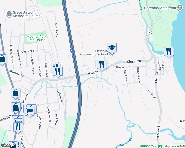 map of restaurants, bars, coffee shops, grocery stores, and more near 32 Main Street in Ravena