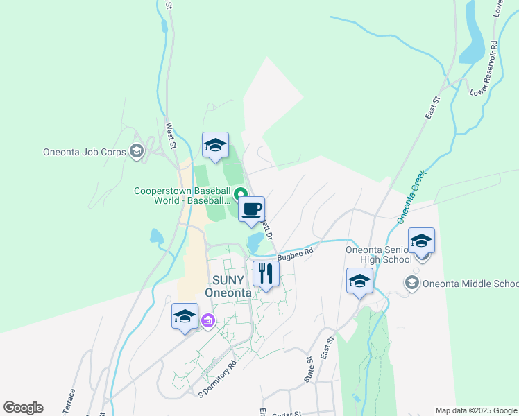 map of restaurants, bars, coffee shops, grocery stores, and more near Blodgett Drive & Carson Road in Oneonta