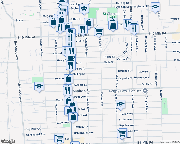 map of restaurants, bars, coffee shops, grocery stores, and more near 8225 Sterling Street in Center Line