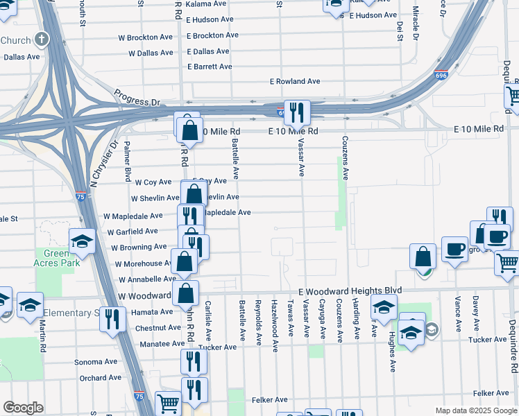 map of restaurants, bars, coffee shops, grocery stores, and more near 561 East Mapledale Avenue in Hazel Park