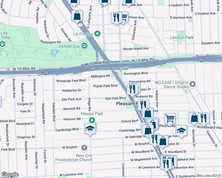 map of restaurants, bars, coffee shops, grocery stores, and more near 11 Poplar Park Blvd in Pleasant Ridge