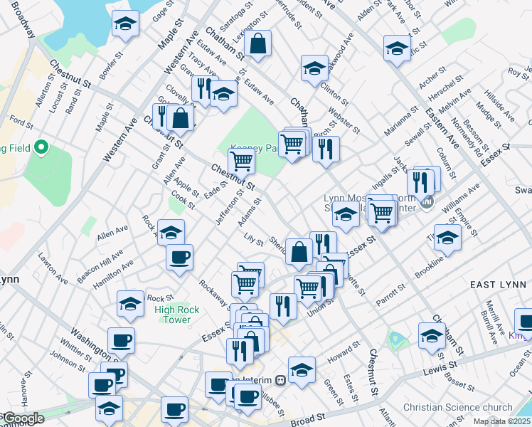 map of restaurants, bars, coffee shops, grocery stores, and more near 18 Adams Court in Lynn