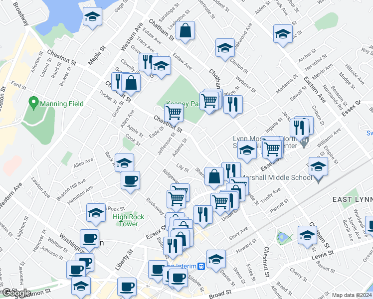 map of restaurants, bars, coffee shops, grocery stores, and more near 18 Adams Court in Lynn