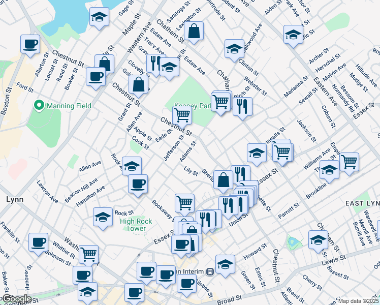 map of restaurants, bars, coffee shops, grocery stores, and more near 42 Adams Street in Lynn