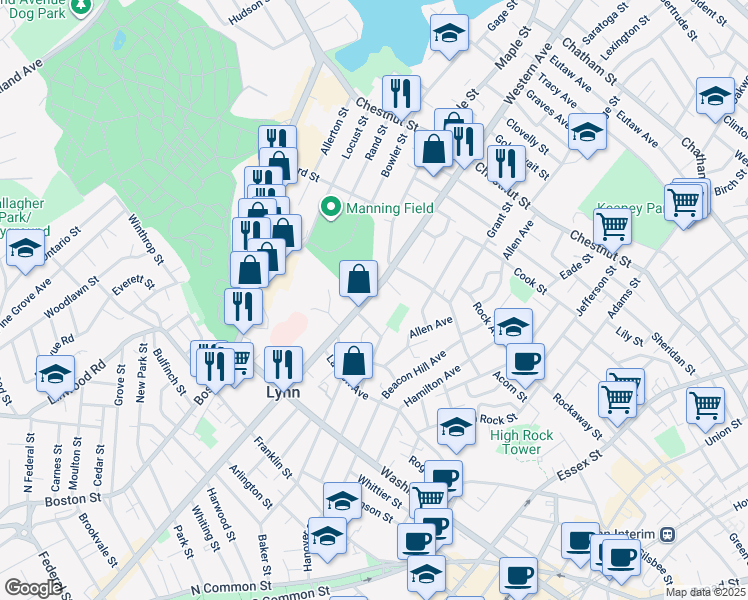map of restaurants, bars, coffee shops, grocery stores, and more near 370 Western Avenue in Lynn