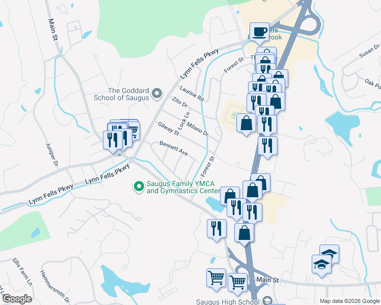 map of restaurants, bars, coffee shops, grocery stores, and more near 44 Bennett Avenue in Saugus