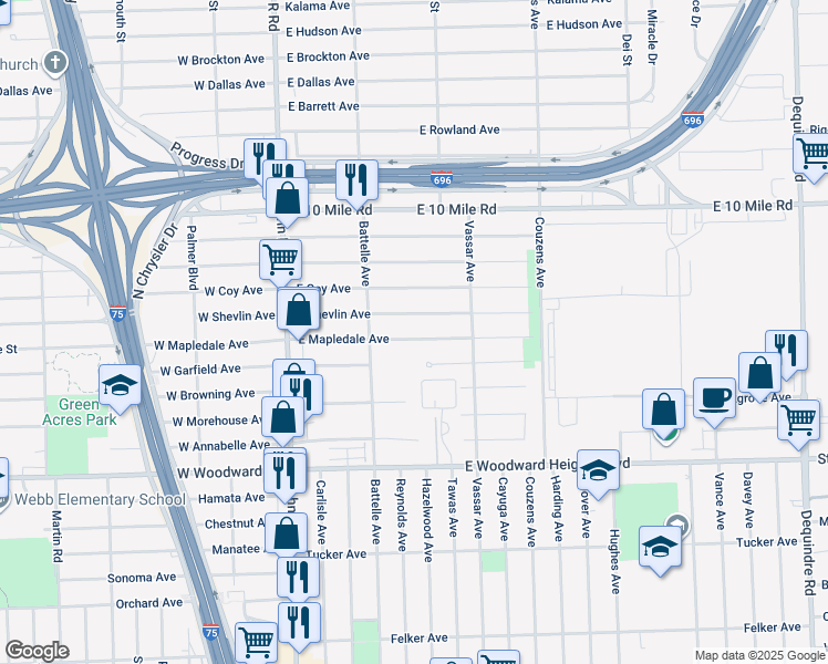 map of restaurants, bars, coffee shops, grocery stores, and more near 561 East Mapledale Avenue in Hazel Park