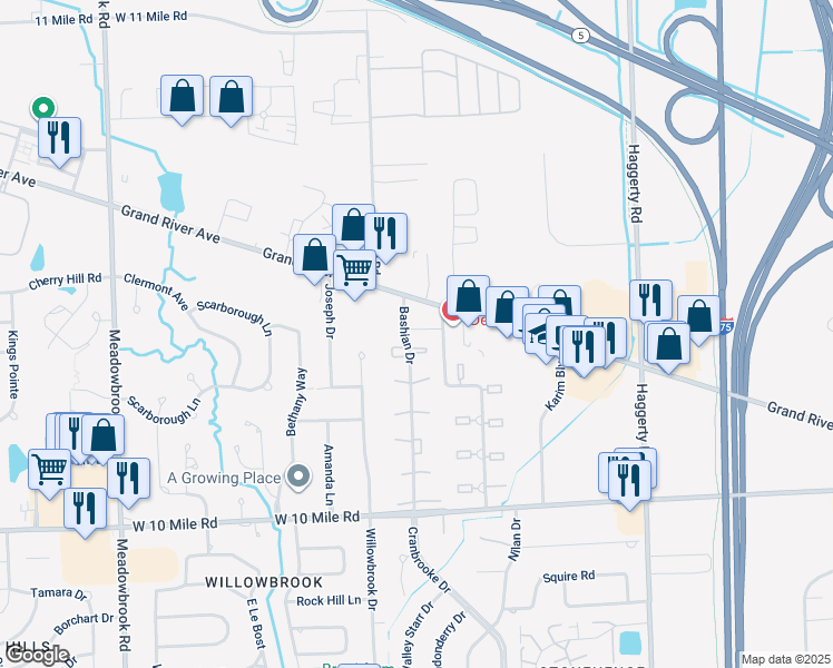 map of restaurants, bars, coffee shops, grocery stores, and more near 24770 Bashian Drive in Novi