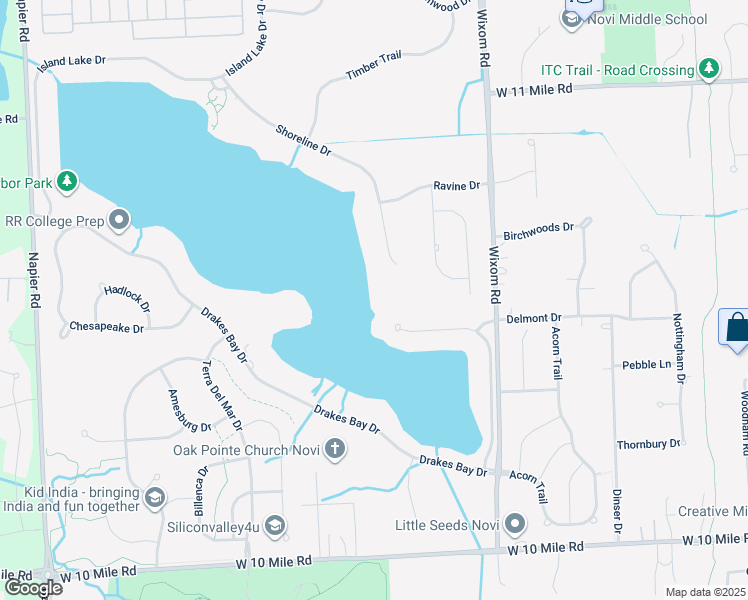 map of restaurants, bars, coffee shops, grocery stores, and more near Reeds Pointe Drive in Novi