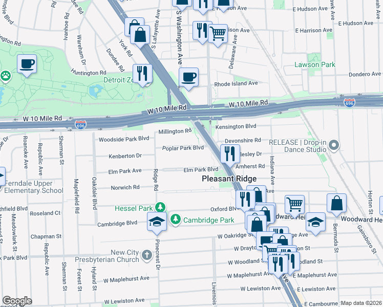 map of restaurants, bars, coffee shops, grocery stores, and more near 11 Poplar Park Boulevard in Pleasant Ridge