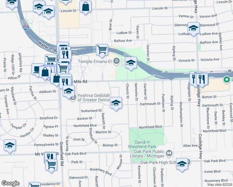 map of restaurants, bars, coffee shops, grocery stores, and more near 24650 Radclift Street in Oak Park