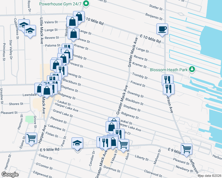 map of restaurants, bars, coffee shops, grocery stores, and more near 22019 Blackburn Street in St. Clair Shores