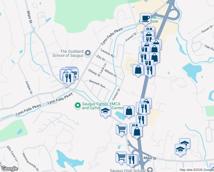 map of restaurants, bars, coffee shops, grocery stores, and more near 44 Bennett Avenue in Saugus