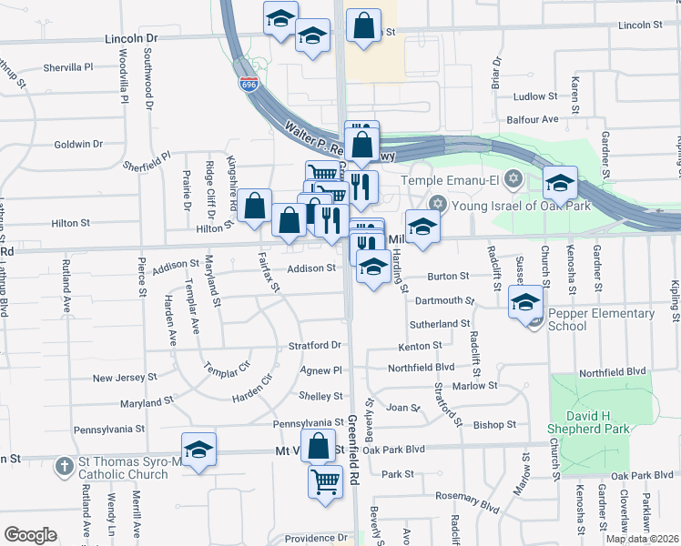 map of restaurants, bars, coffee shops, grocery stores, and more near 24777 Greenfield Road in Southfield