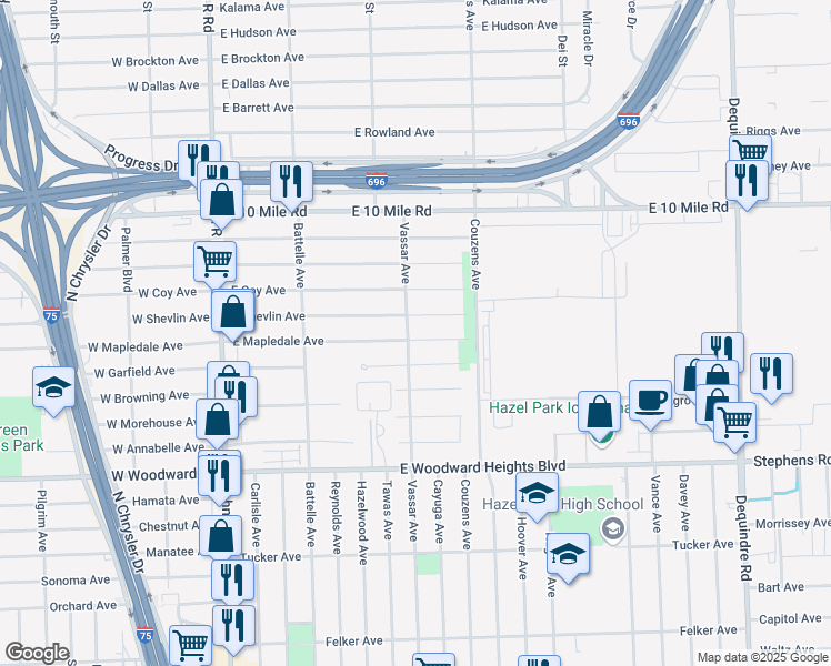 map of restaurants, bars, coffee shops, grocery stores, and more near 905 East Mapledale Avenue in Hazel Park