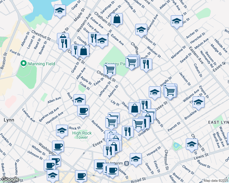map of restaurants, bars, coffee shops, grocery stores, and more near 42 Adams Street in Lynn