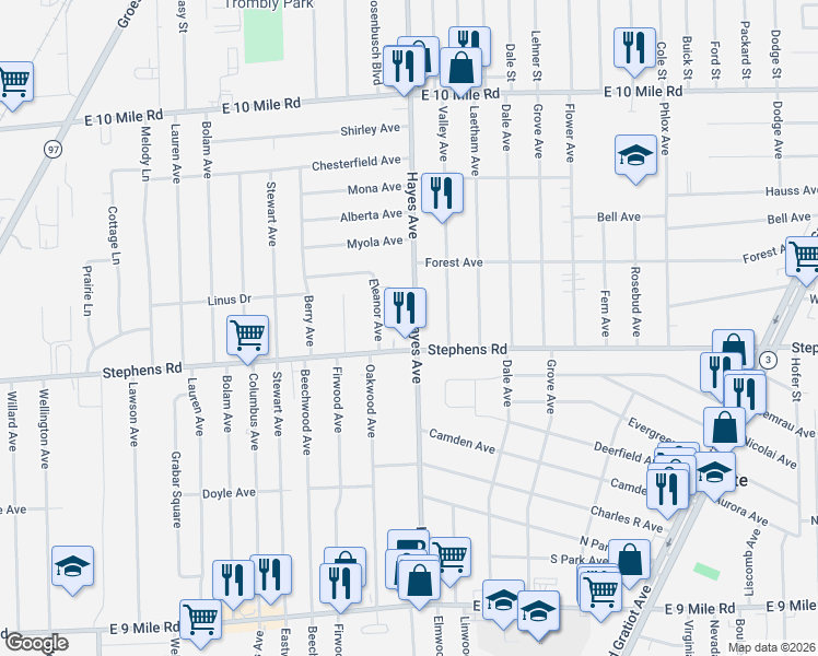 map of restaurants, bars, coffee shops, grocery stores, and more near in Eastpointe