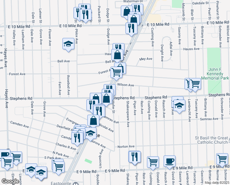 map of restaurants, bars, coffee shops, grocery stores, and more near 24200 Gratiot Avenue in Eastpointe