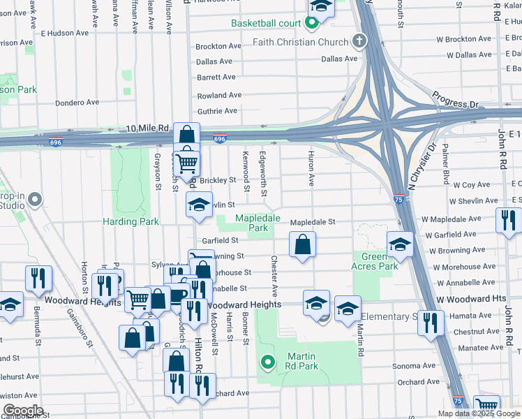 map of restaurants, bars, coffee shops, grocery stores, and more near 1860 Shevlin Street in Ferndale