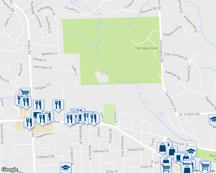 map of restaurants, bars, coffee shops, grocery stores, and more near 24220 Locust Street in Farmington Hills