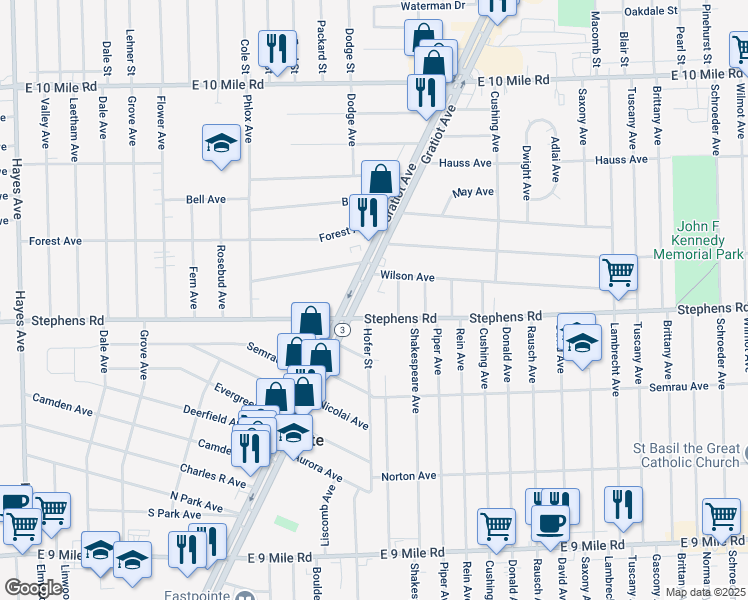 map of restaurants, bars, coffee shops, grocery stores, and more near 24200 Gratiot Avenue in Eastpointe