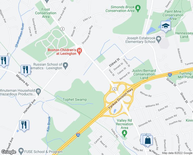 map of restaurants, bars, coffee shops, grocery stores, and more near 430 Bedford Street in Lexington