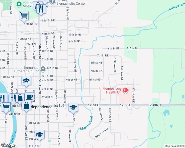 map of restaurants, bars, coffee shops, grocery stores, and more near 1100-1298 4th St NE in Independence