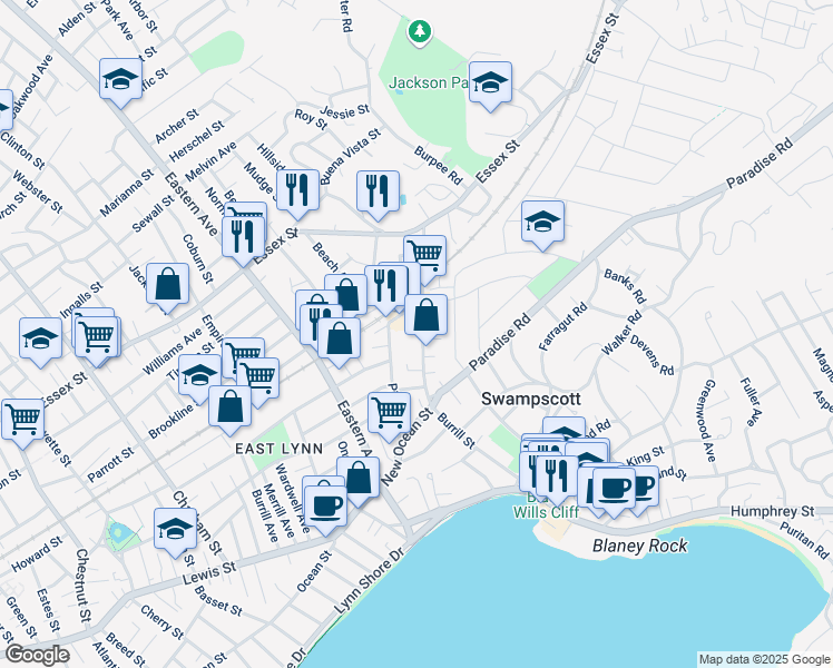 map of restaurants, bars, coffee shops, grocery stores, and more near 165 Burrill Street in Swampscott
