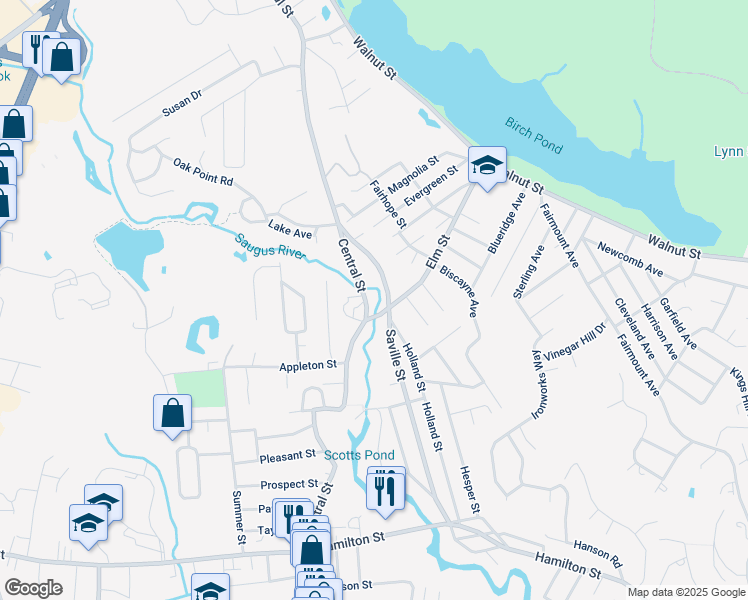map of restaurants, bars, coffee shops, grocery stores, and more near 180 Central Street in Saugus