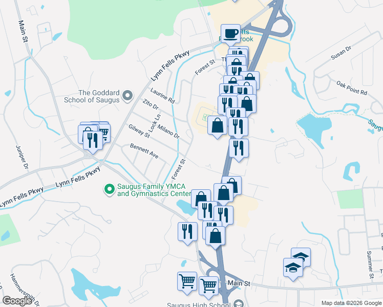 map of restaurants, bars, coffee shops, grocery stores, and more near 45 Forest Street in Saugus