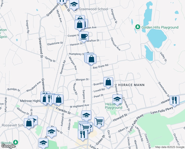 map of restaurants, bars, coffee shops, grocery stores, and more near 1111 Main Street in Melrose