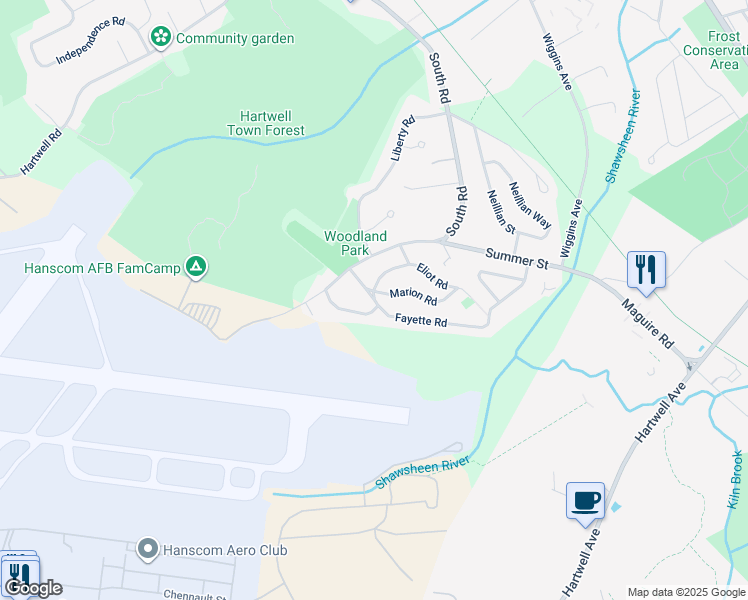 map of restaurants, bars, coffee shops, grocery stores, and more near 18 Fayette Road in Bedford