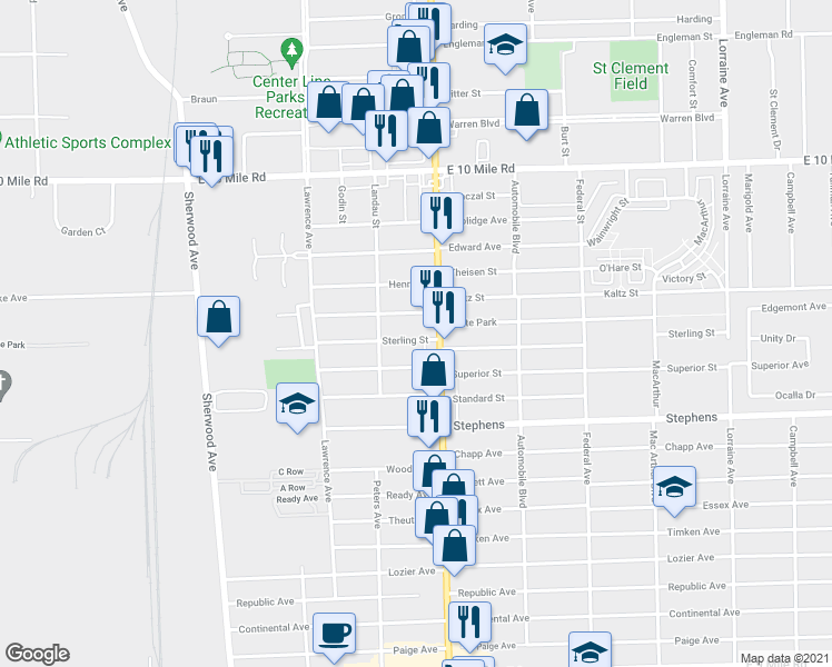 map of restaurants, bars, coffee shops, grocery stores, and more near 7573 Sterling Street in Center Line