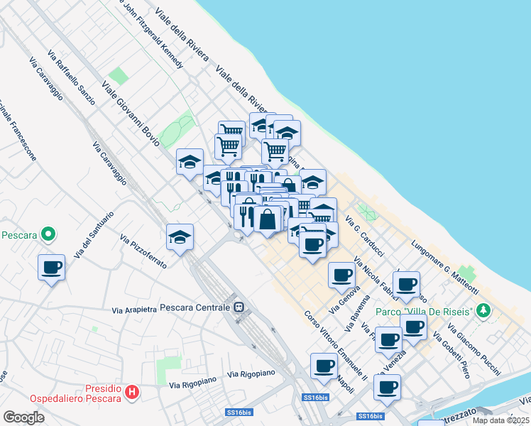 map of restaurants, bars, coffee shops, grocery stores, and more near 130 Via Cesare Battisti in Pescara