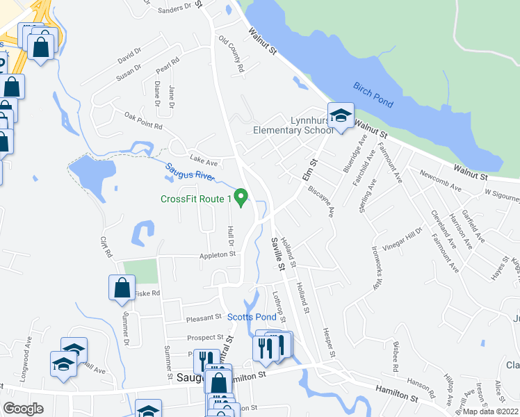 map of restaurants, bars, coffee shops, grocery stores, and more near 180 Central Street in Saugus