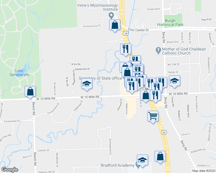 map of restaurants, bars, coffee shops, grocery stores, and more near Greenboro Drive in Southfield