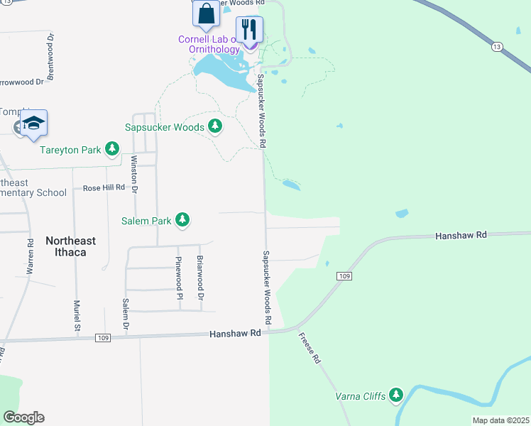 map of restaurants, bars, coffee shops, grocery stores, and more near Sapsucker Woods Rd & Sanctuary Dr in Ithaca