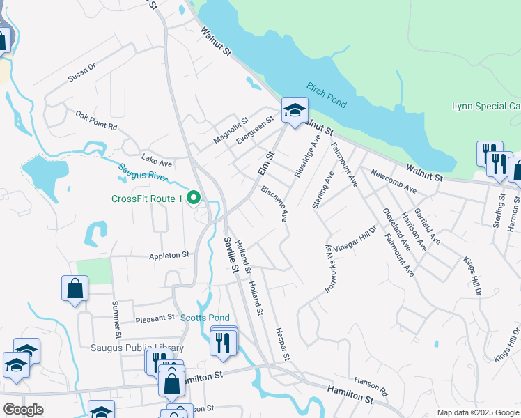 map of restaurants, bars, coffee shops, grocery stores, and more near 11 Alvah Street in Saugus