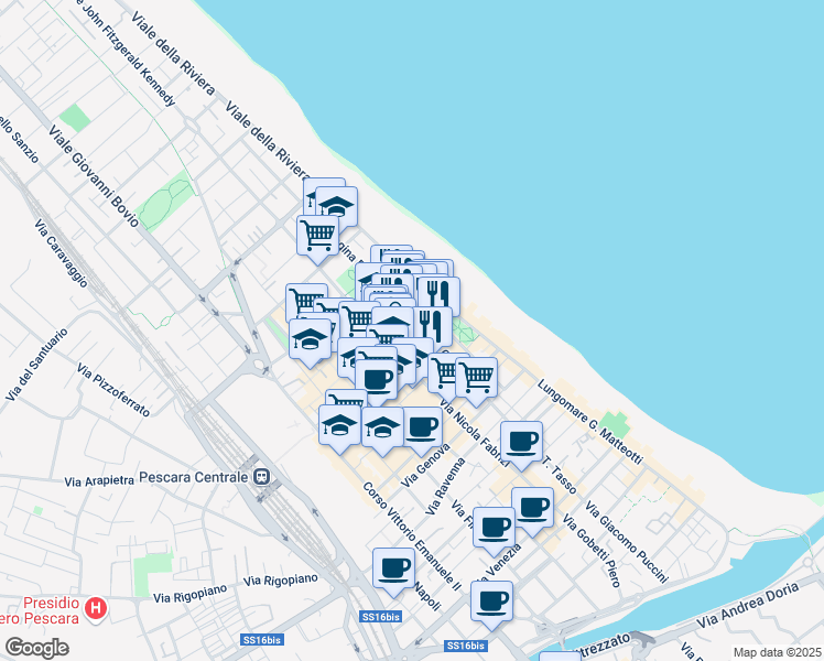 map of restaurants, bars, coffee shops, grocery stores, and more near 217 Via Nicola Fabrizi in Pescara