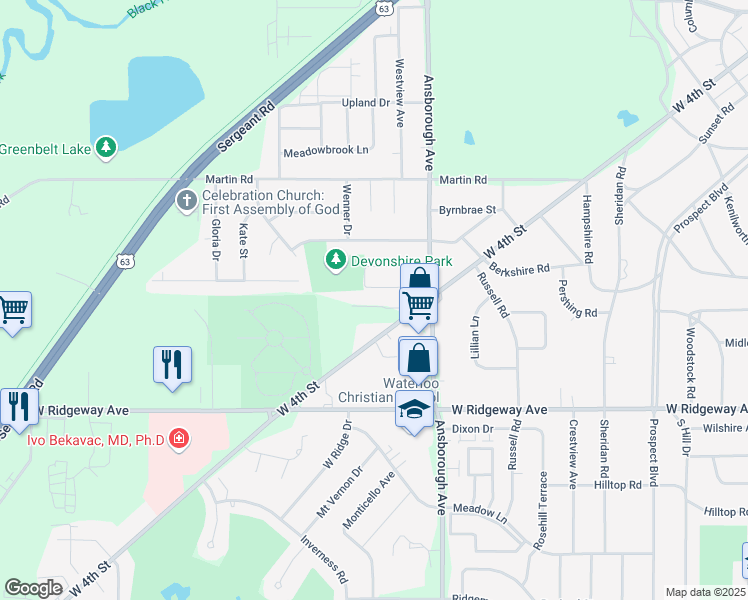 map of restaurants, bars, coffee shops, grocery stores, and more near 1118 Patrick Court in Waterloo