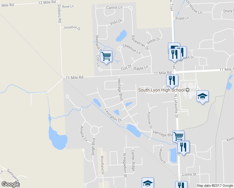 map of restaurants, bars, coffee shops, grocery stores, and more near 61962 Yorktown Drive in South Lyon