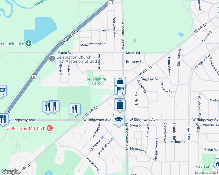 map of restaurants, bars, coffee shops, grocery stores, and more near 1040 Patrick Court in Waterloo