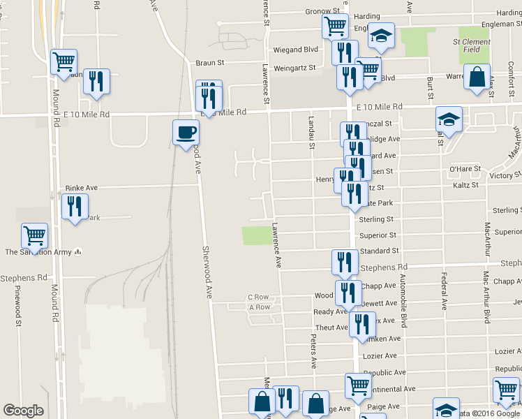 map of restaurants, bars, coffee shops, grocery stores, and more near 7074 Patricia Court in Center Line
