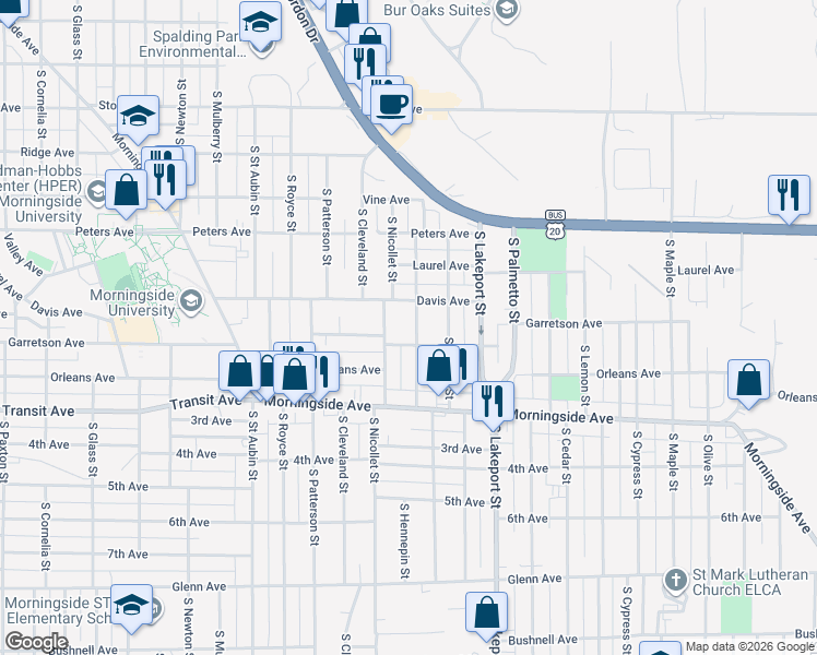 map of restaurants, bars, coffee shops, grocery stores, and more near 1721 South Hennepin Street in Sioux City
