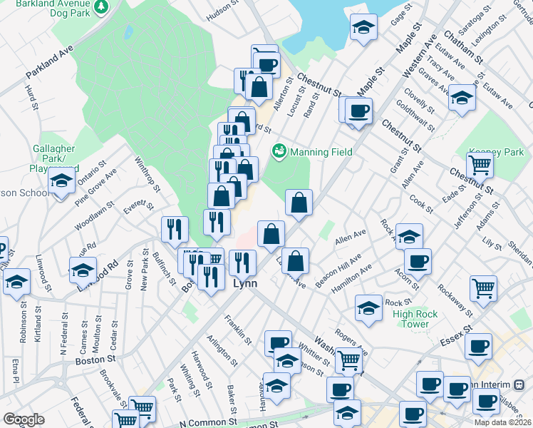 map of restaurants, bars, coffee shops, grocery stores, and more near 2 Bickerton Street in Lynn