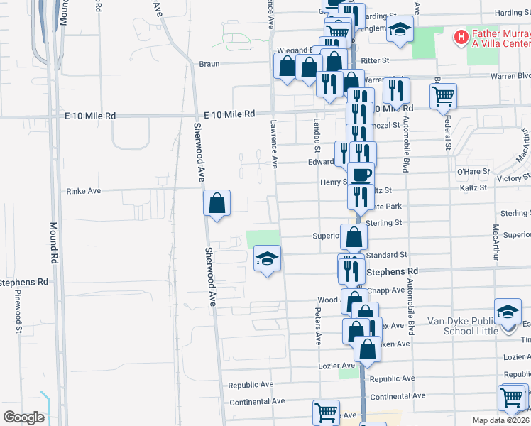 map of restaurants, bars, coffee shops, grocery stores, and more near 7074 Patricia Court in Center Line