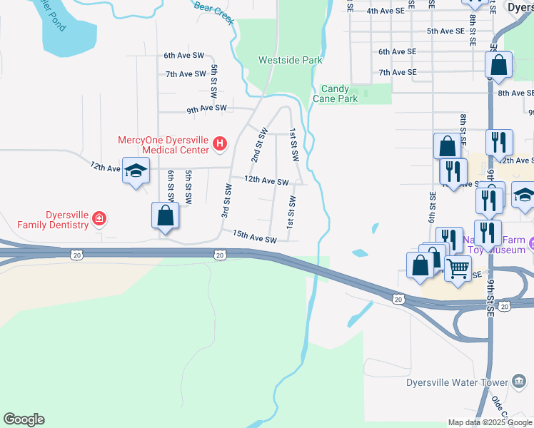 map of restaurants, bars, coffee shops, grocery stores, and more near 137 14th Avenue Southwest in Dyersville